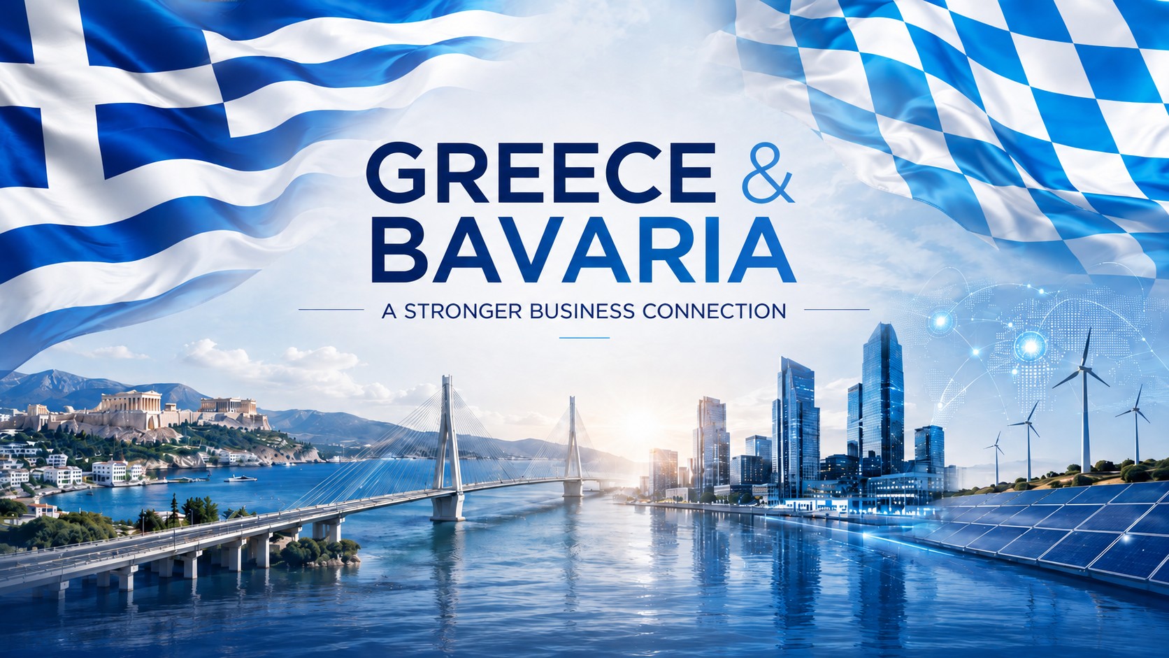 Grafische Darstellung der wachsenden wirtschaftlichen Zusammenarbeit zwischen Griechenland und Bayern mit der griechischen und der bayerischen Flagge, moderner Infrastruktur, erneuerbaren Energien, Technologie und internationaler Geschäftsentwicklung.
